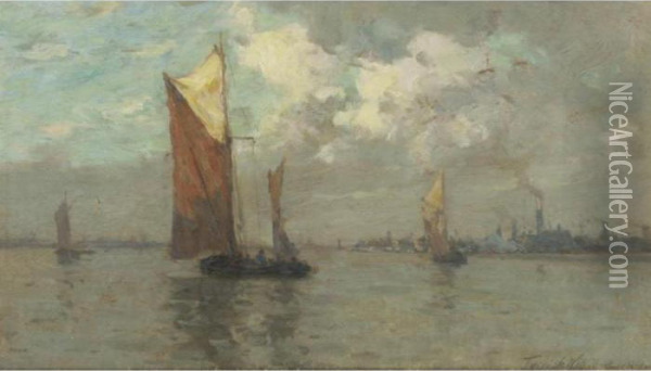 Twilight Ships With Town Beyond Oil Painting - Terrick John Williams
