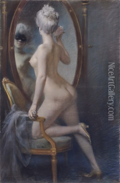 Female Nude In Front Of The Mirror Oil Painting - Clemens S. von Pausinger