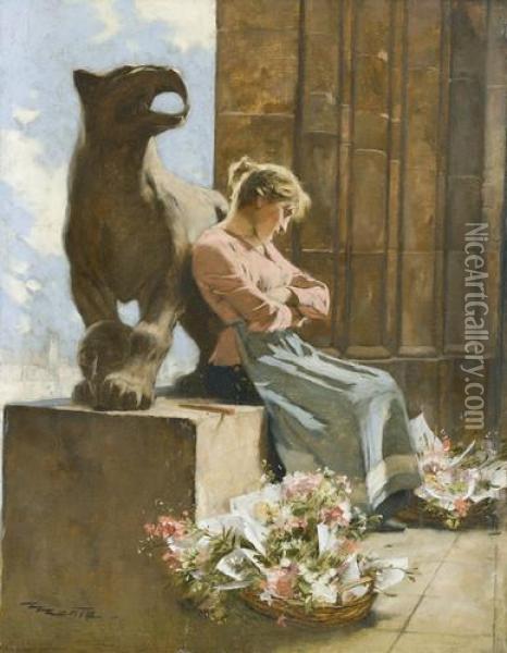 Sitzendes Blumenmadchen Bei Gotischer Kirche Oil Painting - Edouard Menta