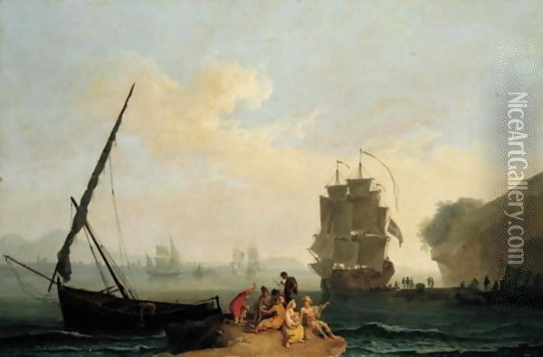 A Mediterranean Bay With A Merchantman Unloading, Seamen Playing Cards In The Foreground And A Port Beyond Oil Painting - Pierre-Jacques Volaire