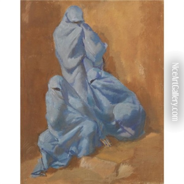 Three Women In Blue Veils Oil Painting - Alexander Evgenievich Iacovleff