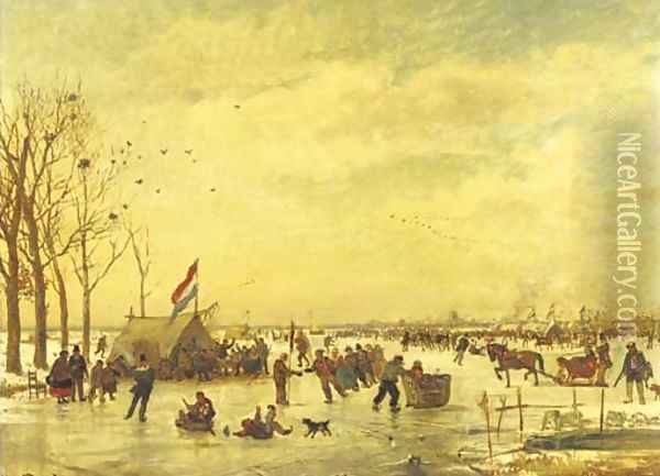 Hollandsch IJsvermaak a populous crowd enjoying a day on the ice with Rotterdam in the distance Oil Painting - Willem Roelofs