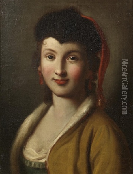 Portrait Of A Young Woman, Bust-length, In A Fur Hat And A Fur-trimmed Buff Coloured Coat Oil Painting - Pietro Antonio Rotari