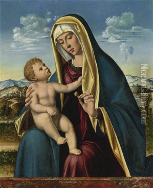Madonna And Child Before A Pink Granite Ledge, An Extensive Mountainous Landscape Beyond Oil Painting -  Pasqualino da Venezia