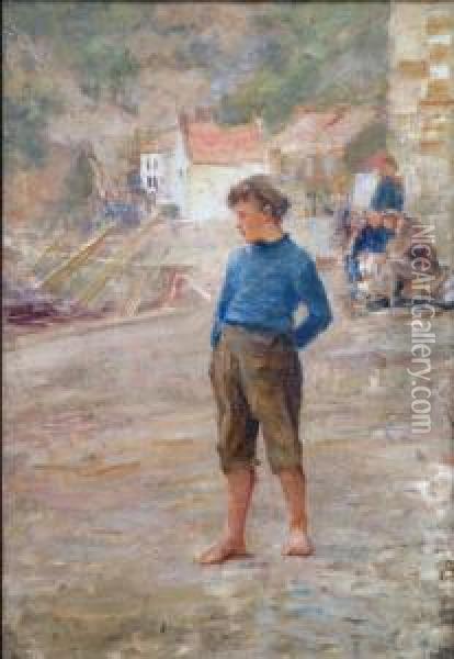 Staithes Fish Quay With A Young Fisher Boy Looking Out To Sea. Oil Painting - Robert Jobling