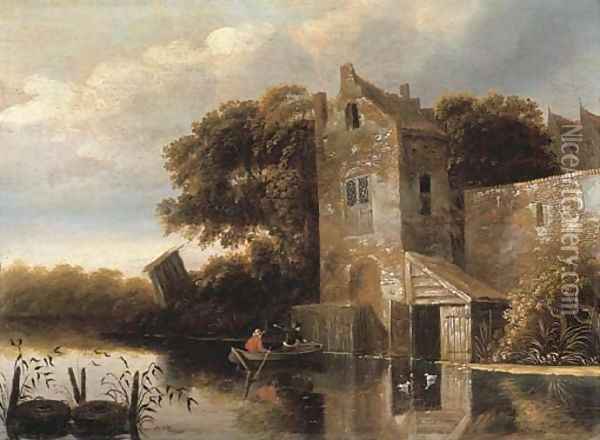 A river landscape with fishermen in a rowing boat, a farmhouse nearby Oil Painting - Michiel van Vries