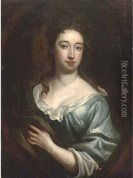 Portrait of a lady, bust-length, in a blue dress and brown wrap, feigned oval Oil Painting - Sir Godfrey Kneller
