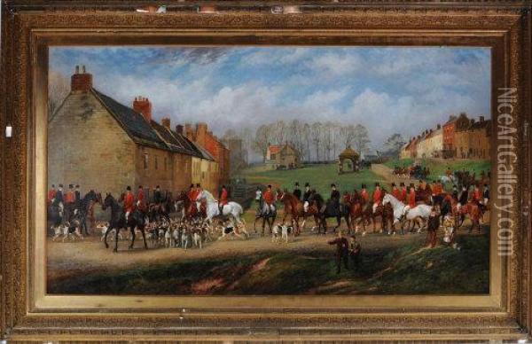 The Tynedale Foxhounds: A Meet At Stamfordham Village, Approx. 1889 Oil Painting - Wilson Hepple