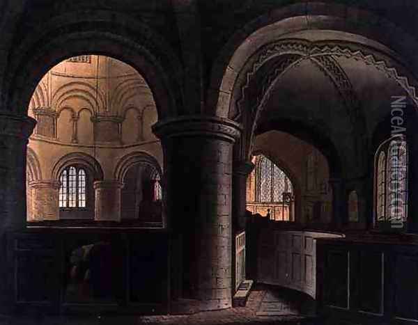 Interior of the Church of the Holy Sepulchre, Cambridge, from The History of Cambridge, engraved by J. Hill, pub. by R. Ackermann, 1815 Oil Painting - Augustus Charles Pugin
