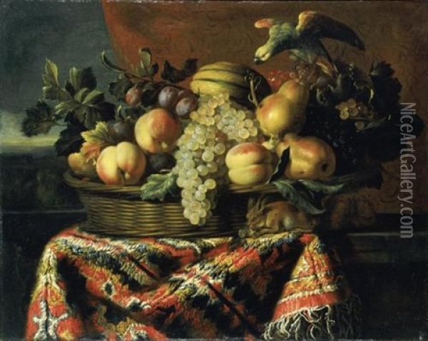 Still Life Of Peaches, Plums, Grapes And Pears In A Basket, Together With A Parrot And A Squirrel, All Resting On A Ledge Draped With A Carpet Oil Painting - Pieter Van Boucle