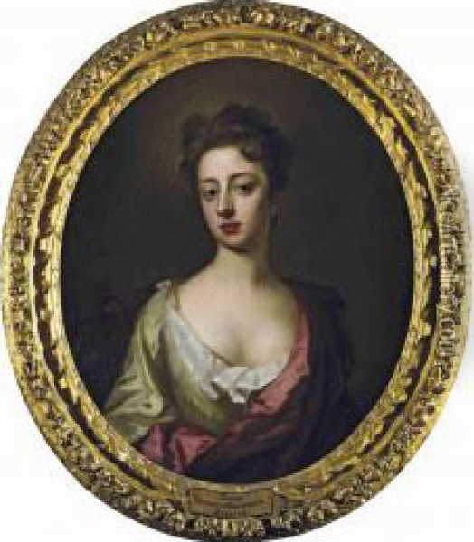 Portrait Of Sarah, Duchess Of 
Marlborough, Half-length, In A Green Dress And A Pink Mantle Oil Painting - Michael Dahl