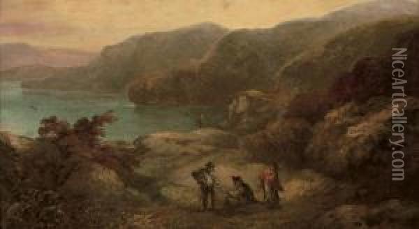 Figures On A Hillside Overlooking The Sea Oil Painting - John Joseph Barker Of Bath