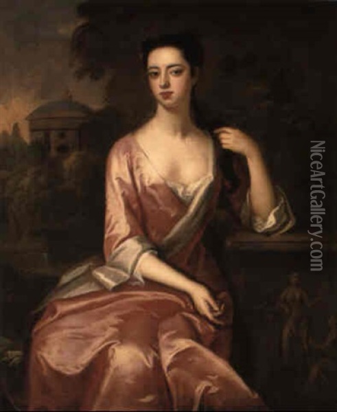 Portrait Of A Lady In A Pink Gown In A Garden Beside A Low Relief Sculpture Oil Painting - Charles Jervas