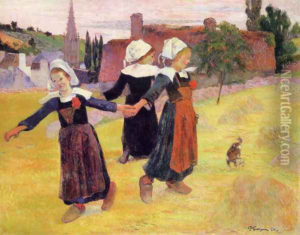 Breton Girls Dancing Aka Dancing A Round In The Haystacks Oil Painting - Paul Gauguin