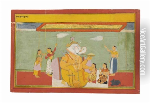 An Illustration From The Balakanda: Ganesha Attended By Ladies Oil Painting -  Indian School-Mewar (18)