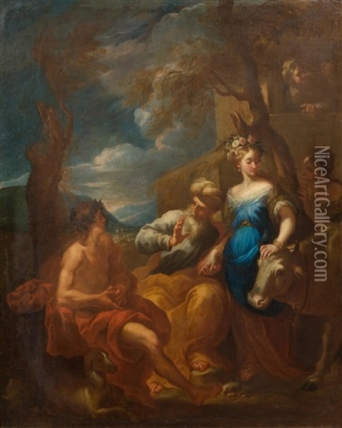 Labano Promises His Daughter Rachel To Jacob (genesis 29 15 - 30) Oil Painting - Giovanni Battista Merano