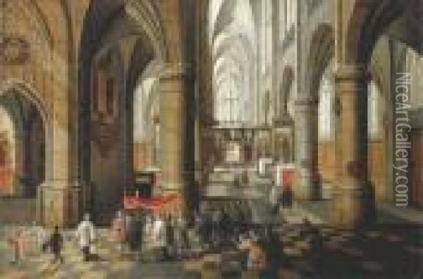 The Interior Of A Gothic Cathedral Oil Painting - Pieter Ii Neefs