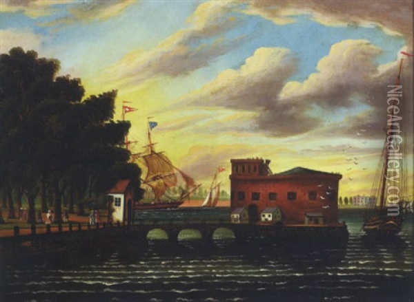 Shipping In New York Harbor With Castle Garden Oil Painting - Thomas Chambers