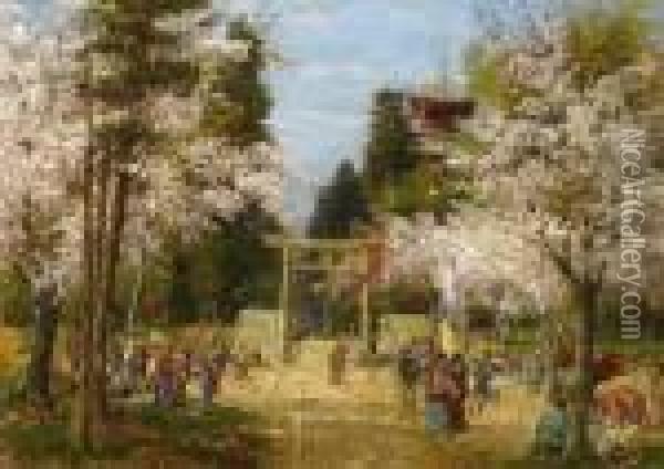 The Ueno Park In Tokyo With Cherry Trees In Bloom Oil Painting - Carl Wuttke