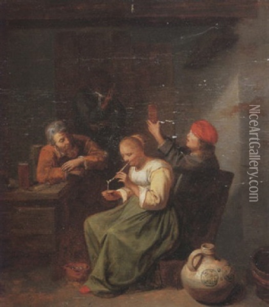 Peasants Drinking And Smoking In An Interior, A Salt-glazed Stoneware Vessel In The Foreground Oil Painting - David Ryckaert III