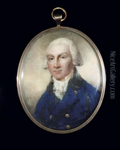A Young Gentleman In Blue Coat With Black Collar And Gilt Buttons, Powdered Wig Oil Painting - James Nixon