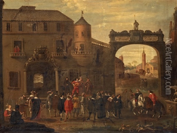 Figures Outside The City Gate Oil Painting - Cornelis de Wael