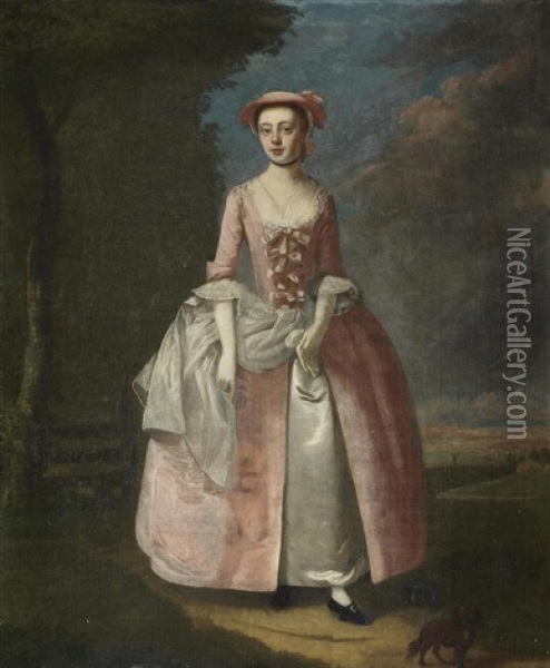 Portrait Of A Lady, Traditionally Identified As Miss Penny, Full-length, In Pink Before A Landscape Oil Painting - Edward Penny