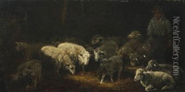 Sheep And Shepherd Boy In A Barn Oil Painting - Charles Emile Jacque
