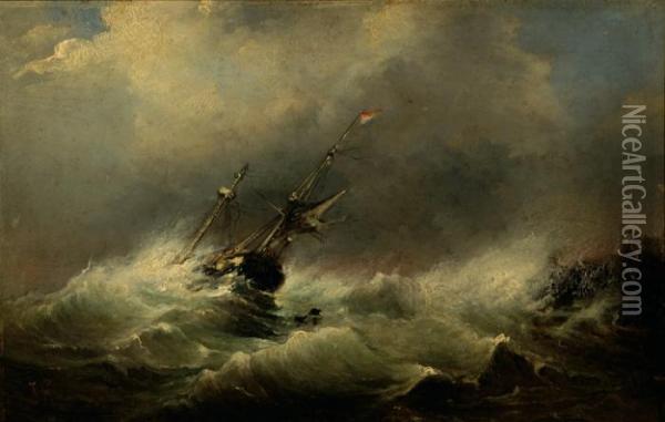 A Ship With Dutch Flag On A Wild Sea Oil Painting - Johannes Hermann Barend Koekkoek