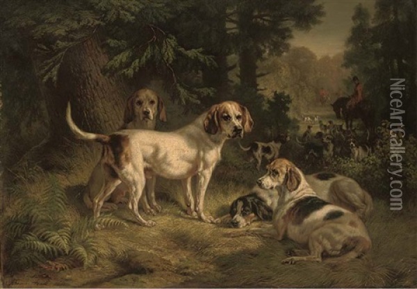 Hounds Resting In A Woodland Clearing With Huntsmen Beyond Oil Painting - Benno Raffael Adam