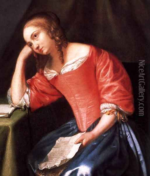 Young Girl Holding a Letter (detail) Oil Painting - Caspar Netscher