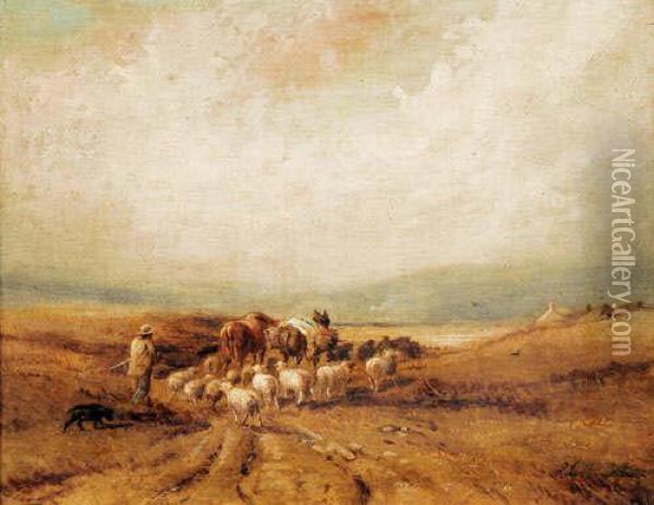 Drover With Packhorses And Sheep In Acoastal Landscape Oil Painting - John Linnell