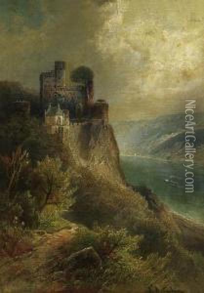 River Landscape With Castle. Oil Painting - Nicolai Von Astudin