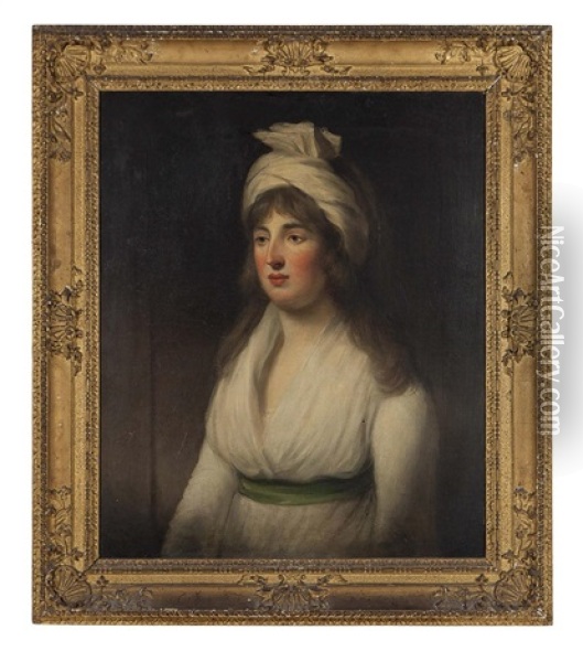 Half-length Portrait Of A Lady In A White Dress And Turban Oil Painting - Sir John Hoppner