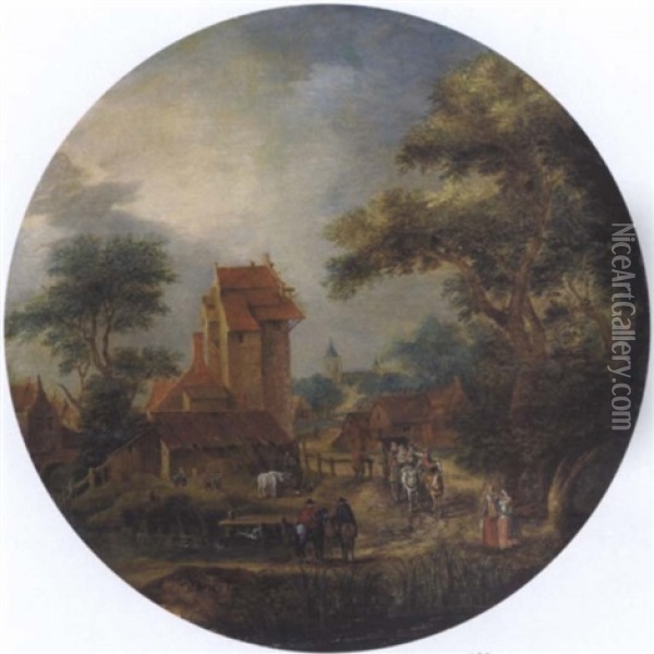 Blick In Ein Flamisches Dorf Mit Einem Hohen Torgebaude, Pferdewagen Und Reitern Oil Painting - Peter Gysels