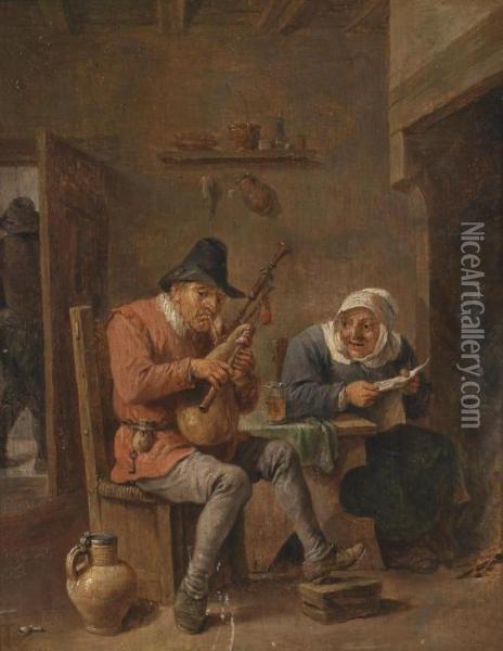 A Tavern Scene With A Couple At A Table Oil Painting - David The Younger Teniers