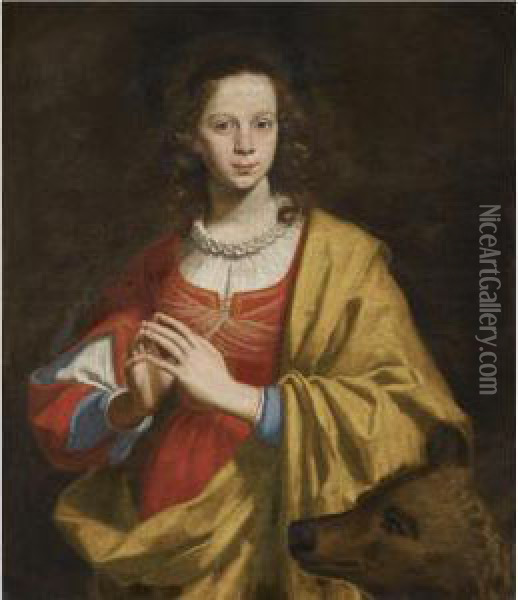Portrait Of A Lady As Saint Margaret, Possibly Margherita Galli Oil Painting - Lorenzo Lippi