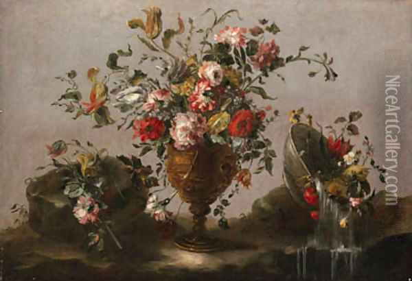 Parrot tulips, roses and other flowers in an urn, flowers in a bowl with water spilling out and a bunch of flowers on a rocky bank Oil Painting - Francesco Guardi