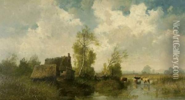 Landschaft Mit Kuhen Am Wasser. Oil Painting - Joseph Wenglein
