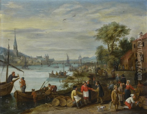 River Landscape With Figures Tasting And Trading Wine On The Bank Oil Painting - Peter Gysels