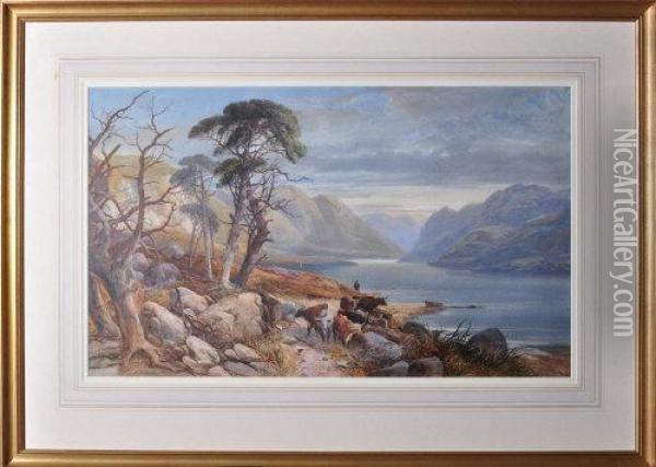 A Cattle Drover On A Lakeside Road Oil Painting - James Burrell-Smith