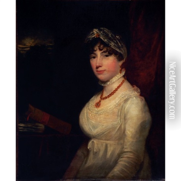 Portrait Of A Lady In White Oil Painting - Sir John Hoppner