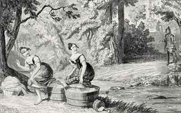 Washerwomen disturbed by Waverley Oil Painting - George Cruikshank I