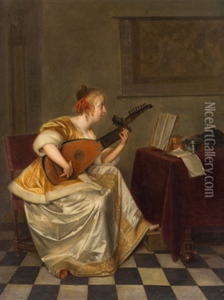 A Young Lady Playing A Lute Oil Painting - Gerard ter Borch the Elder