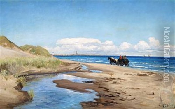 The Stage Coach On Its Way To Skagen. In The Background The Lighthouses Of Skagen Oil Painting - Carl Ludvig Thilson Locher