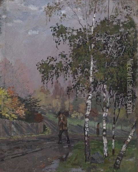 Bjorketraer Og Mann Som Baerer Kvist/birch Trees And Man Carrying Twigs Oil Painting - Edvard Munch