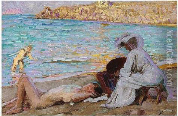 On The Beach; Summer Girl Oil Painting - Auguste Leroux