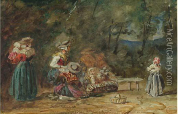 Les Nourrices Nicoises, Circa 1838 Oil Painting - Paul Huet
