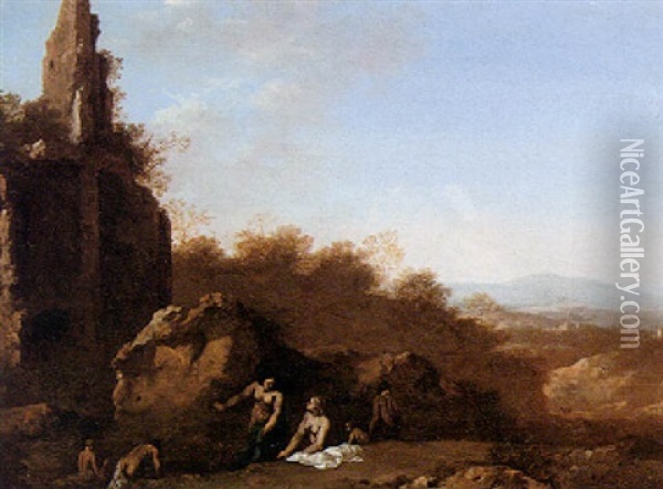River Landscape With Figures Bathing In Front Of A Set Of Ruins Oil Painting - Cornelis Van Poelenburgh