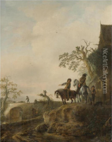 Horsemen Halting At An Inn, A Shepherd Driving His Flock Across A Bridge Beyond Oil Painting - Isaack Jansz. van Ostade